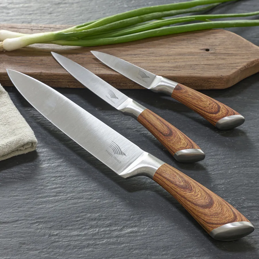 New Coffret 3 couteaux tout inox effet bois Sets De Couteaux De Cuisine|Coffrets Couteaux De Cuisine